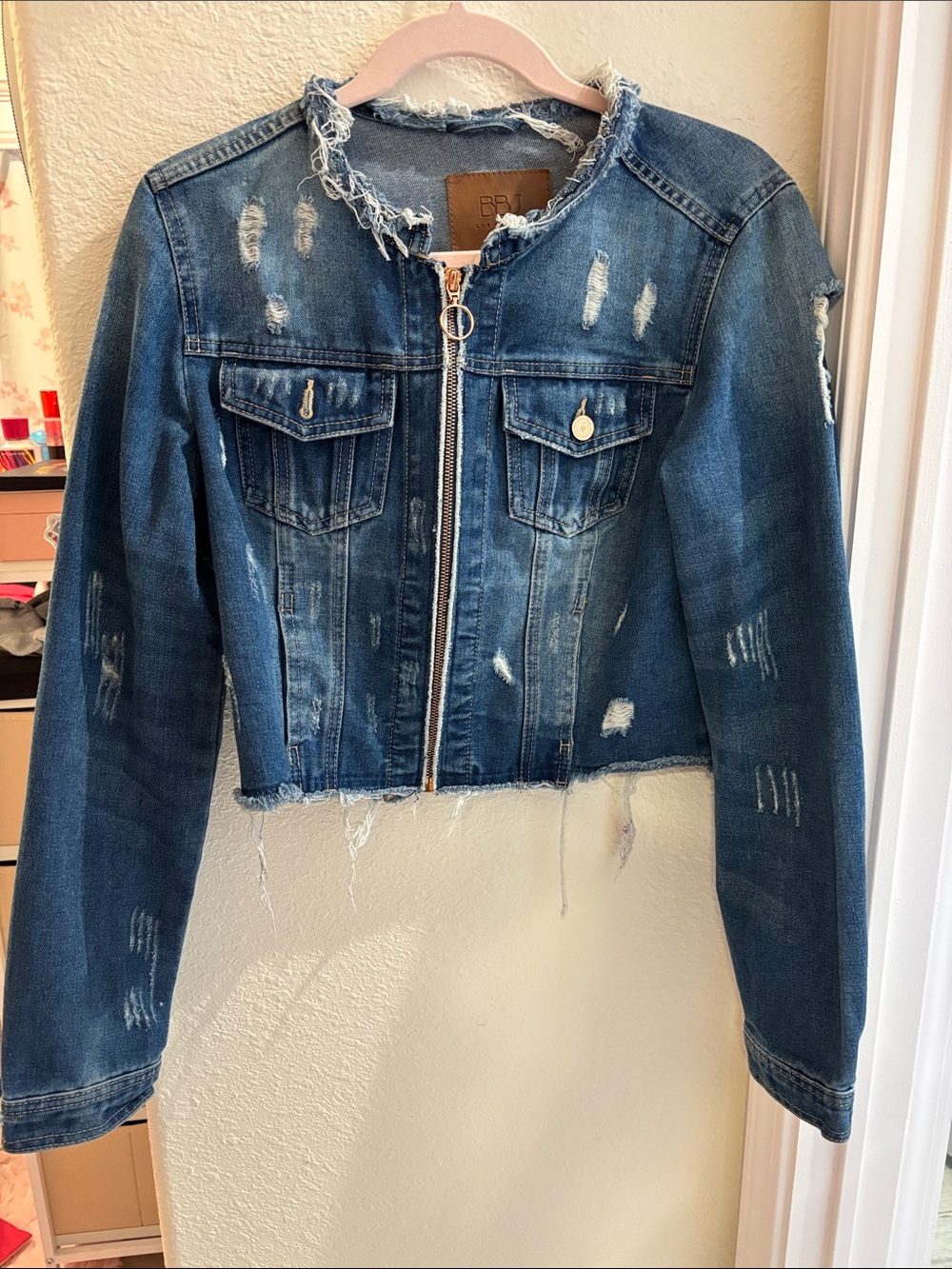 Distressed Blue Denim Zip-Front Cropped Jacket
